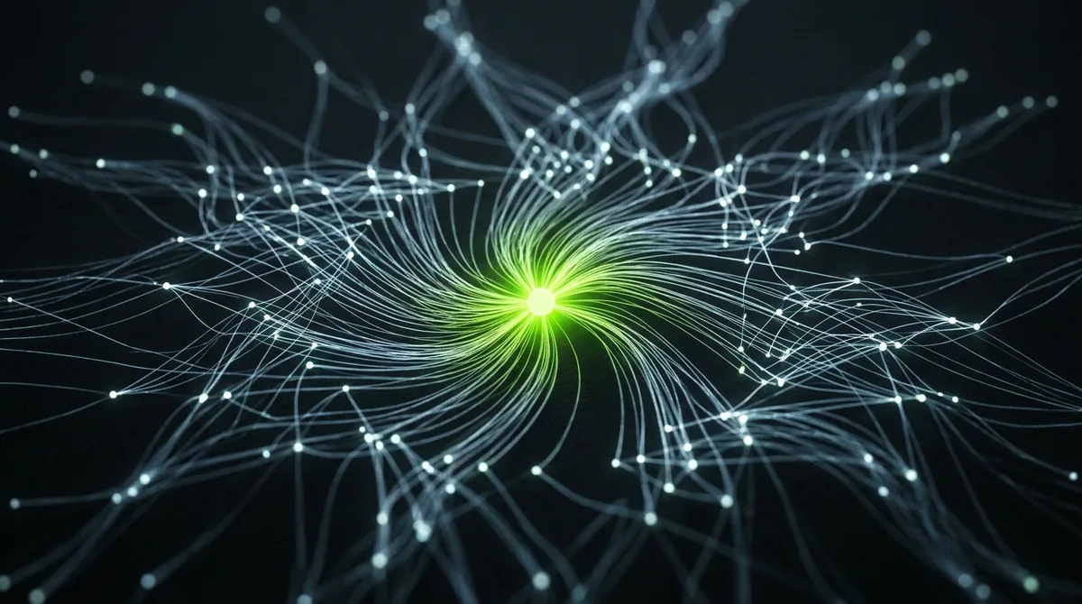 Rede de pontos de luz ligados por fios finos, com um ponto central verde-limão para onde os fios convergem