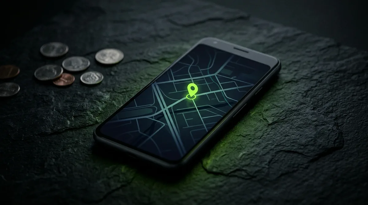 Celular sobre uma pedra escura mostrando um mapa com um alfinete verde-limão, com moedas desfocadas ao lado