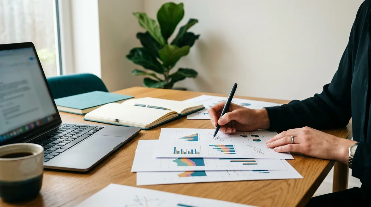 Consultor analisando gráficos de desempenho em uma mesa de trabalho