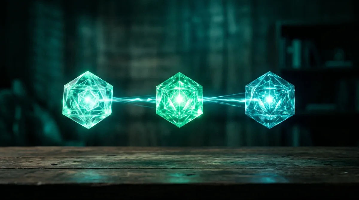 Três cristais iluminados e conectados, representando SEO, GEO e AEO